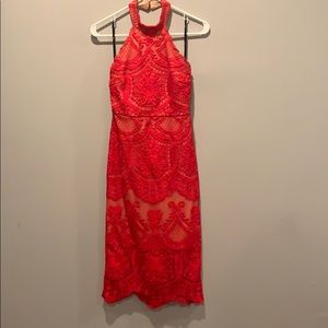 Red lace halter dress